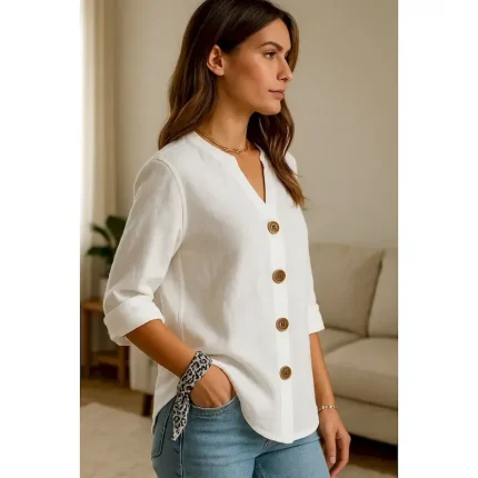 Women's Button Up Cotton Linen Shirt Plain Basic Modern Long Sleeve V Neck Regular Tops Daily Buttons White Summer 2025 - Image 4