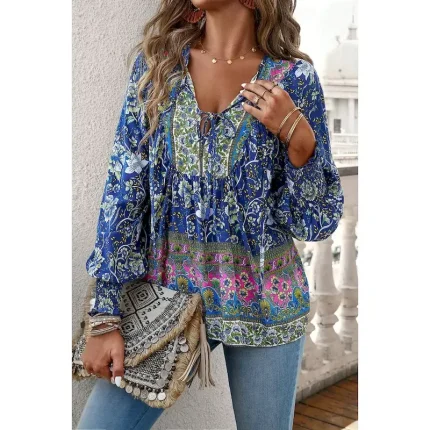 Women's Shirt Blouse Flower Daily Stylish Casual Long Sleeve V Neck Regular Tops Daily Holiday Print Pink Navy Blue Blue Apricot Spring 2025 - Image 5