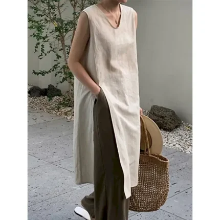 Women's Normal Midi Dress Linen Dress Stylish Casual Daily Beach Regular Fit Plain Sleeveless V Neck Black Apricot Summer 2025 - Image 3