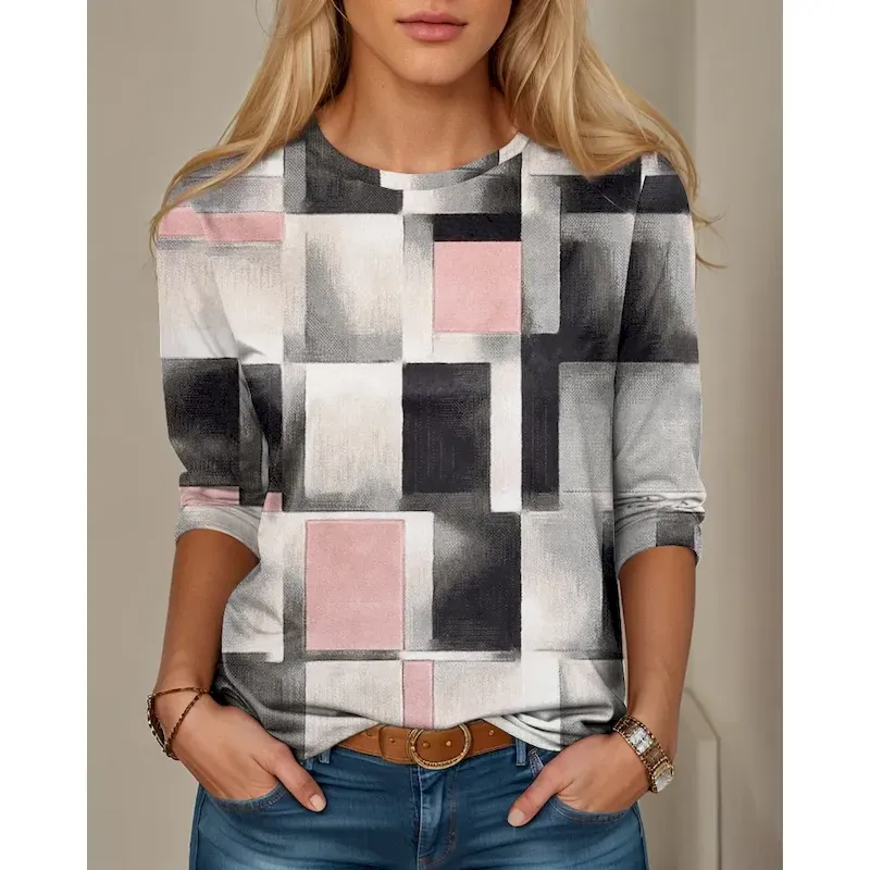 qrihfx1702289806629.webp Women's T shirt Crew Neck Long Sleeve Tunic Floral Geometric Plaid Print Regular Tops Round Neck Daily Weekend Pink Green Spring & Fall 2025 - Image 1