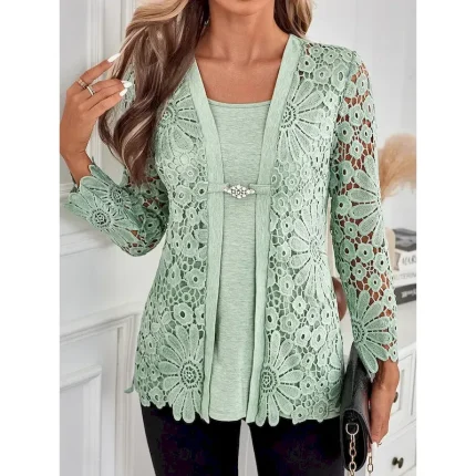 Women's Tunic Elegant Long Sleeve Square Neck Regular Tops Vacation Valentine's Day Daily Lace Buttons Eyelet Light Green Spring Fall 2025 - Image 3