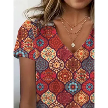 Women's T Shirt Geometric Vintage Stylish Casual Short Sleeve V Neck Regular Tops Daily Buttons Print Red Summer Spring 2025 - Image 3