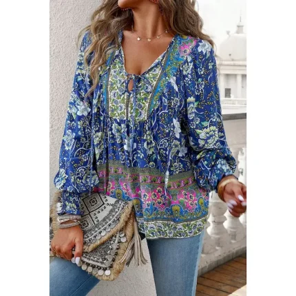 Women's Shirt Blouse Flower Daily Stylish Casual Long Sleeve V Neck Regular Tops Daily Holiday Print Pink Navy Blue Blue Apricot Spring 2025 - Image 3