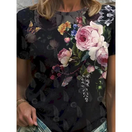 Women's T Shirt Floral Graphic Vintage Stylish Classic Short Sleeve Crew Neck Round Neck Regular Tops Daily Print Pink Blue Purple Green Summer Spring - Image 4