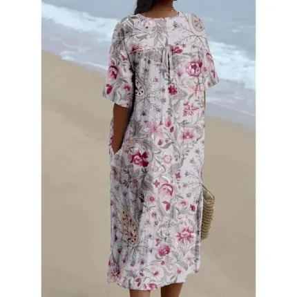 Women's Midi Dress Sundress A Line Dress Linen Vacation linen like Casual Beach Going out Loose Fit Floral Graphic Short Sleeve V Neck Light Yellow Li - Image 4