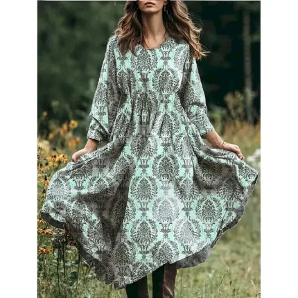 Women's Midi Dress A Line Dress Vacation Casual Boho Beach Loose Fit Floral Graphic Paisley Long Sleeve V Neck Pink Blue Purple Green Spring Fall Wint - Image 3