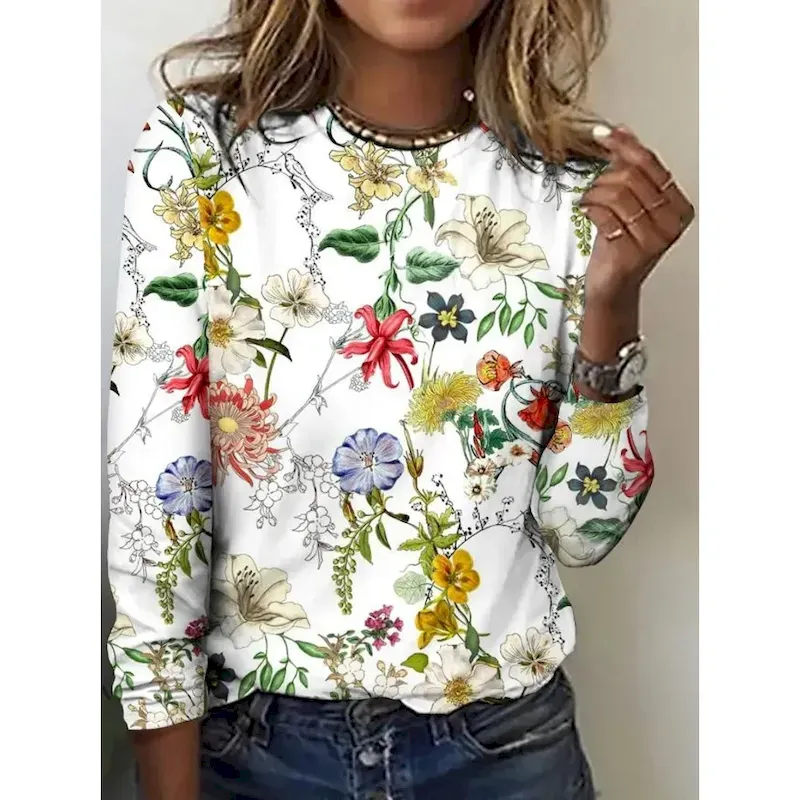 ssaahz1739355131301-1.webp Women's T shirt Crew Neck Long Sleeve Tunic Floral Casual Regular Tops Daily Print Pearl Spring Fall 2025 - Image 1