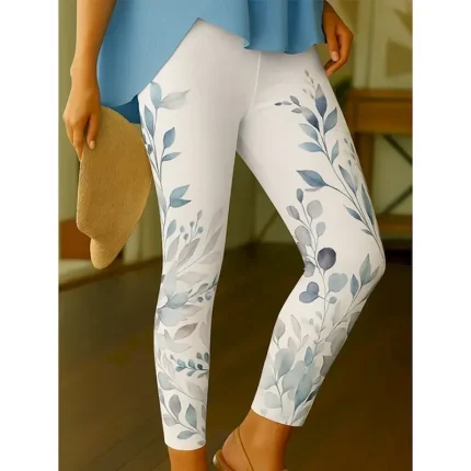 Women's Leggings Vacation Vintage Ethnic Style Ankle-Length High Waist Floral Graphic Leaf 3D Print Quick Dry Breathability Soft Stretchy Outdoor Home