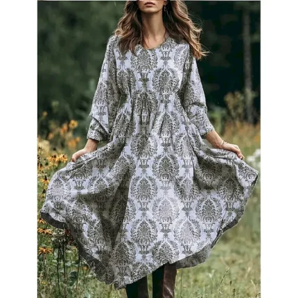 Women's Midi Dress A Line Dress Vacation Casual Boho Beach Loose Fit Floral Graphic Paisley Long Sleeve V Neck Pink Blue Purple Green Spring Fall Wint - Image 4