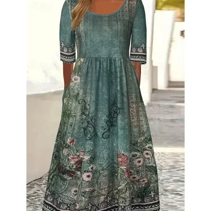 Women's Maxi Dress Casual Dress Swing Dress A Line Dress Boho Dress Casual Daily Fall Dress Regular Fit Floral Short Sleeve V Neck Black Red Navy Blue - Image 3