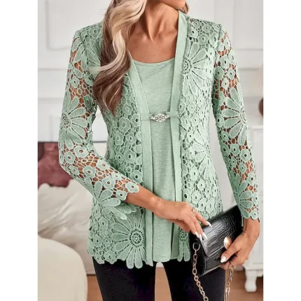 Women's Tunic Elegant Long Sleeve Square Neck Regular Tops Vacation Valentine's Day Daily Lace Buttons Eyelet Light Green Spring Fall 2025