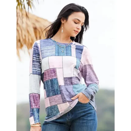Women's T shirt Crew Neck Long Sleeve Tunic Floral Geometric Plaid Print Regular Tops Round Neck Daily Weekend Pink Green Spring & Fall 2025 - Image 5