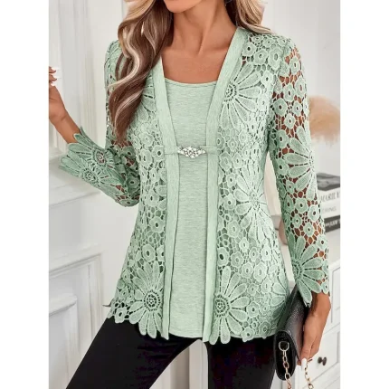 Women's Tunic Elegant Long Sleeve Square Neck Regular Tops Vacation Valentine's Day Daily Lace Buttons Eyelet Light Green Spring Fall 2025 - Image 2