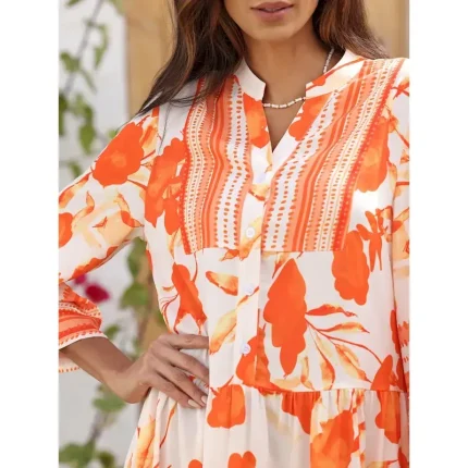 Women's Holiday Dress Loose Satin Maxi Maxi Dress Orange 3/4-Length Sleeve flowers and plants Flower / Plants Printing Spring Spring and Summer V Neck - Image 3