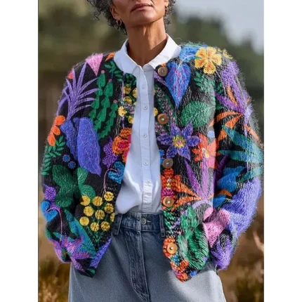 Women's Cardigan Daily Floral Ribbed Crew Neck Buttons Print Long Sleeve Regular Tops Knit Outdoor Weekend Black Yellow Spring Fall 2025