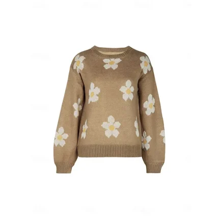 Women's Sweater Pullover Sweater Jumper Casual Soft Floral Ribbed Crew Neck Pocket Knitted Long Sleeve Regular Tops Knit Outdoor Daily Weekend Blue Gr - Image 4