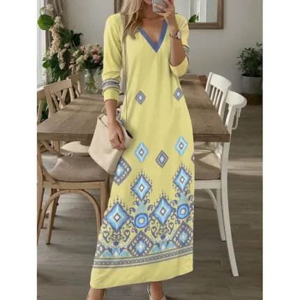 Women's Maxi Dress Casual Dress T Shirt Dress Tee Dress Floral Tribal Pocket Print V Neck Long Dress Maxi Dress Vintage Ethnic Date Vacation Long Slee - Image 4