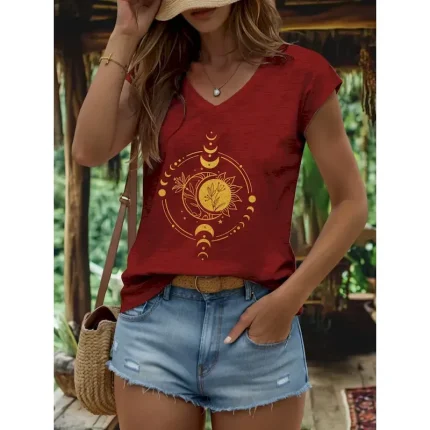 Women's Camisole Tank Top Graphic Geometric Moon Vintage Stylish Casual Sleeveless V Neck Regular Tops Daily Print Black White Red Light Brown Blue Su - Image 5