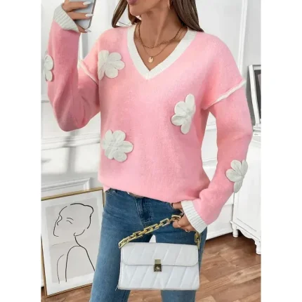 Women's Sweater Crew Neck Knit Embroidery Spring Fall Elegant 3/4 Length Sleeve Solid Color Pink 2025 - Image 5