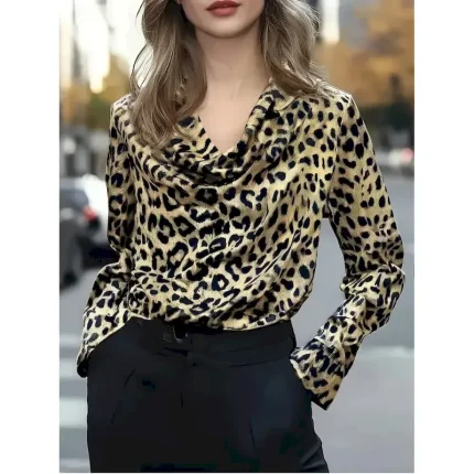 Women's Shirt Dressy Tops Formal Work Shirt Evening Tops Leopard Elegant Party Ladies Long Sleeve Collar Work Party Evening Wear Evening Party Print L