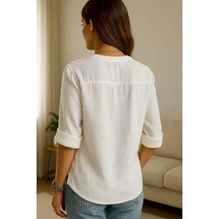 Women's Button Up Cotton Linen Shirt Plain Basic Modern Long Sleeve V Neck Regular Tops Daily Buttons White Summer 2025 - Image 5