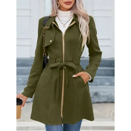 Women's Casual Jacket Warm Comfortable Lace up Zipper Pocket Casual Plain Vacation Street Casual Daily Wear Zipper Long Stand Collar Slim Long Sleeve - Image 4