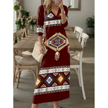 Women's Maxi Dress Casual Dress T Shirt Dress Tee Dress Floral Tribal Pocket Print V Neck Long Dress Maxi Dress Vintage Ethnic Date Vacation Long Slee - Image 3