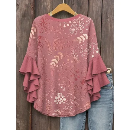 Women's Blouse V Neck Layered Ruffle Sleeve Tops Floral Graphic Leaf Vintage Daily Ethnic 3/4 Length Sleeve Regular Tops Daily Holiday Vacation Wear P - Image 3
