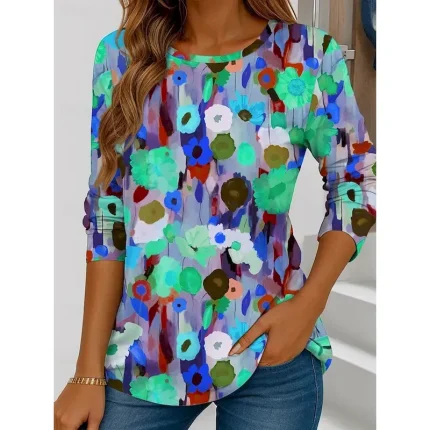Women's T shirt Crew Neck Long Sleeve Tunic Floral Graphic Vintage Stylish Casual  Regular Tops Daily Weekend Print Red Blue Purple Green Summer 2025 - Image 5
