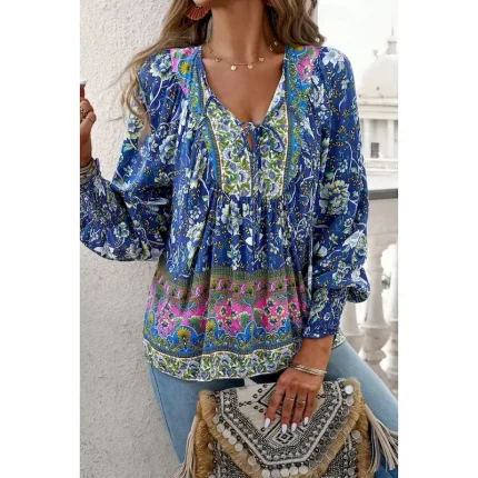 Women's Shirt Blouse Flower Daily Stylish Casual Long Sleeve V Neck Regular Tops Daily Holiday Print Pink Navy Blue Blue Apricot Spring 2025 - Image 4